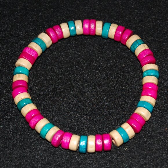 Pink Bracelet,Wood Bracelet,Pink Surfer Bracelet,Pink Wooden Bracelet - Picture 2 of 2